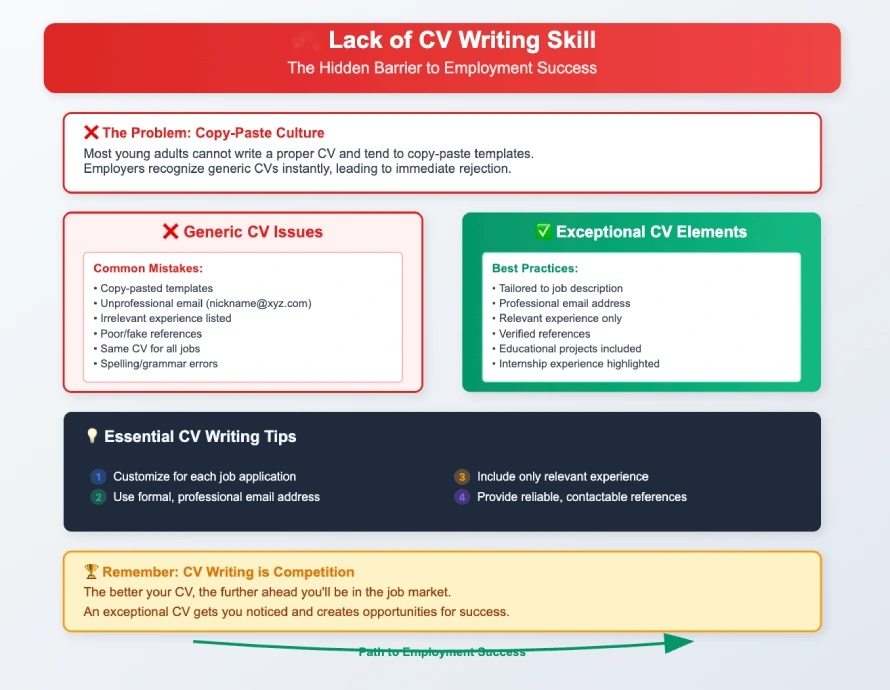 Infographic comparing generic CV mistakes vs exceptional CV elements for young adults, showing common errors like copy-paste templates and unprofessional emails versus best practices for job application success