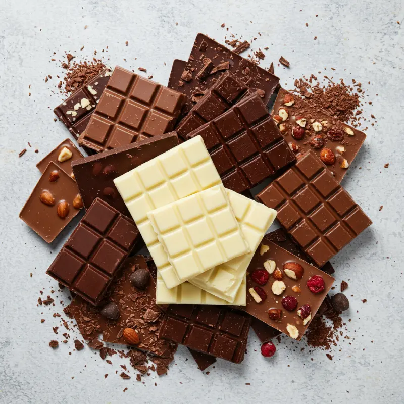 Assortment of milk, dark, white, vegan, and flavored chocolates with nuts, fruit, and spices.