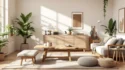Cozy modern living room featuring unique DIY furniture ideas including a handcrafted coffee table, minimalist wooden ottoman, natural decor elements, and indoor plants.