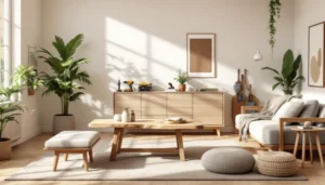 Cozy modern living room featuring unique DIY furniture ideas including a handcrafted coffee table, minimalist wooden ottoman, natural decor elements, and indoor plants.