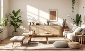 Cozy Modern Living Room Featuring Unique Diy Furniture Ideas Including A Handcrafted Coffee Table, Minimalist Wooden Ottoman, Natural Decor Elements, And Indoor Plants.