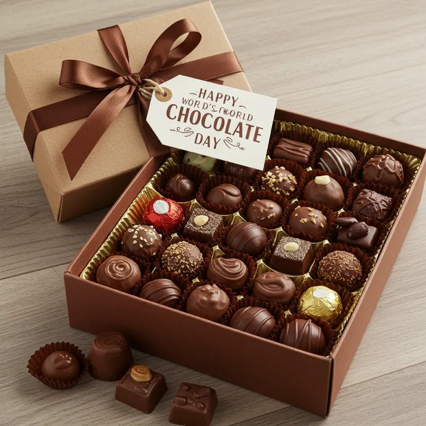Beautifully wrapped chocolate gift box with a "Happy World Chocolate Day" tag and assorted chocolates inside.