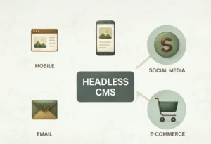 Diagram showing how a headless CMS ensures brand consistency by connecting to channels like mobile, social media, email, website, and e-commerce.