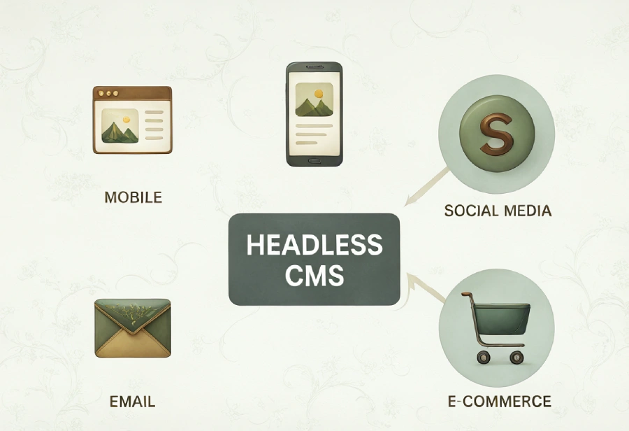 Diagram showing how a headless CMS ensures brand consistency by connecting to channels like mobile, social media, email, website, and e-commerce.