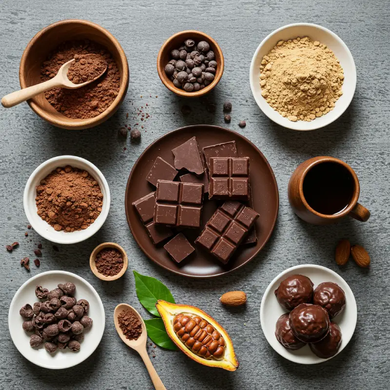 Infographic or visual guide on choosing healthy chocolate, featuring cacao powder, minimal additives, and quality homemade treats.