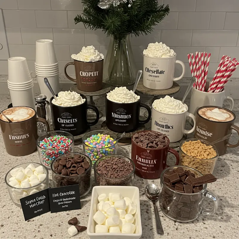Festive hot chocolate bar with various flavors, toppings like whipped cream, marshmallows, and peanut butter.