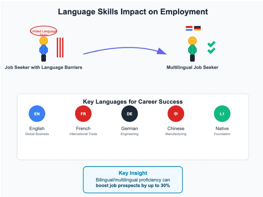 Infographic comparing job seekers with limited language skills versus multilingual candidates, showing 30% better job prospects for bilingual professionals