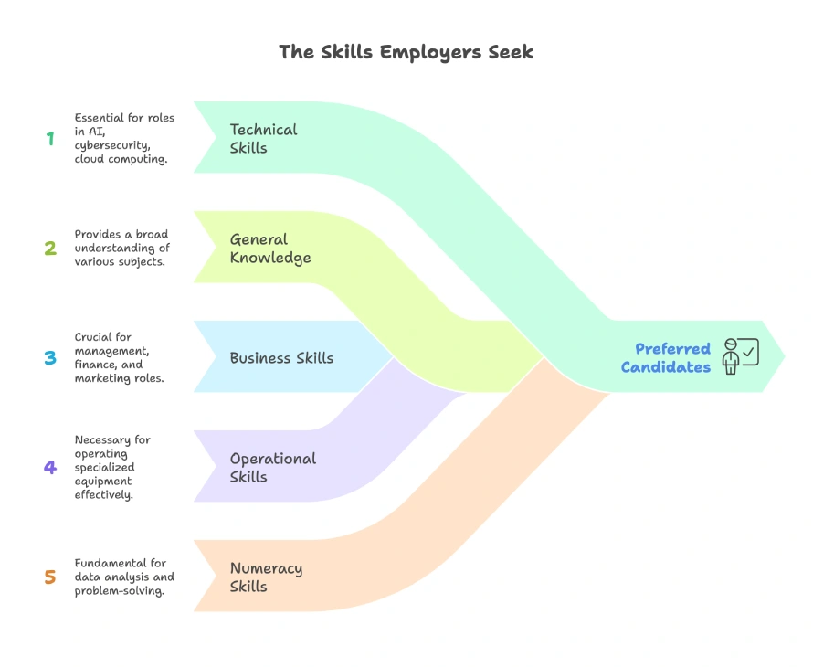 An infographic titled 'The Skills Employers Seek' showing five key skill categories (Technical Skills, General Knowledge, Business Skills, Operational Skills, Numeracy Skills) merging into 'Preferred Candidates', with descriptions for each skill's importance in various roles like AI, cybersecurity, management, and data analysis.