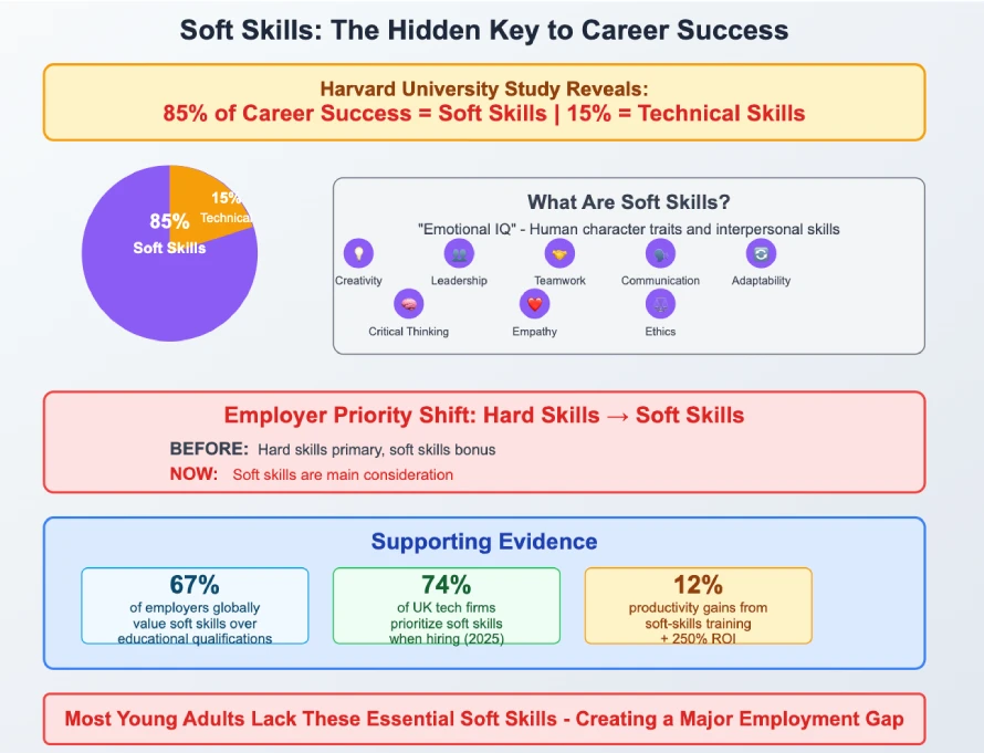 Infographic showing Harvard study results that 85% of career success comes from soft skills like leadership, teamwork, communication, and creativity, while only 15% comes from technical skills, highlighting employment gap for young adults.