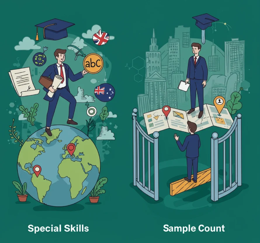 Conceptual image showing technical education and English proficiency leading to global job opportunities, contrasted with missed chances due to lack of skills.
