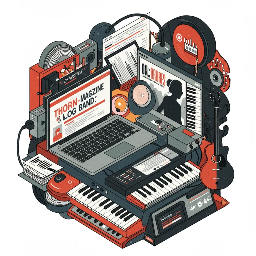 Laptop and musical instruments illustration with "Thorn-Magazine Blog Band" text.