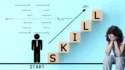Illustration of a young adult at the start of a SKILL staircase, with steps showing skills young adults lack like communication, digital literacy, and problem-solving, while another young adult sits frustrated due to these skill gaps.