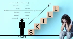 Illustration Of A Young Adult At The Start Of A Skill Staircase, With Steps Showing Skills Young Adults Lack Like Communication, Digital Literacy, And Problem-Solving, While Another Young Adult Sits Frustrated Due To These Skill Gaps.