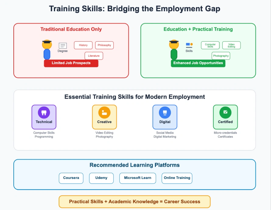 Infographic comparing traditional education versus education plus practical training, showing how skills like computer programming, video editing, and photography improve youth employment prospects through platforms like Coursera, Udemy, and Microsoft Learn.
