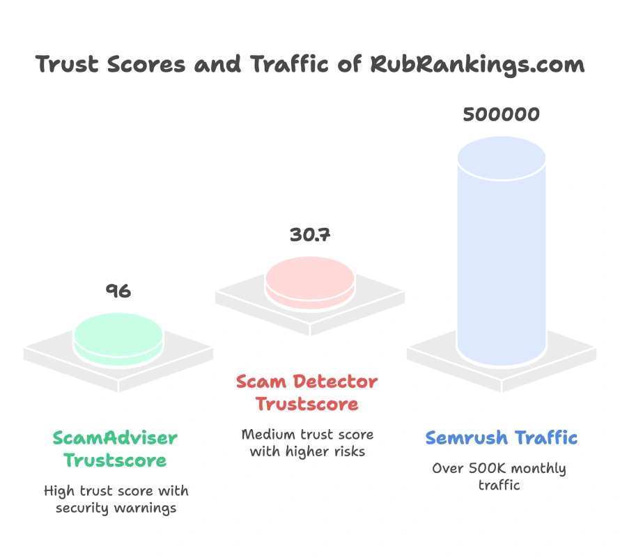 Infographic showing trust scores and monthly traffic for RubRankings.com: ScamAdviser trust score 96 with security warnings, Scam Detector trust score 30.7 indicating medium risk, and Semrush traffic over 500,000 monthly visitors.