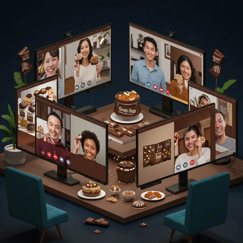 Friends and family enjoying a virtual chocolate party over video calls with sweet chocolate treats.