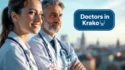 Two Doctors In White Coats With The Krakow Skyline In The Background.