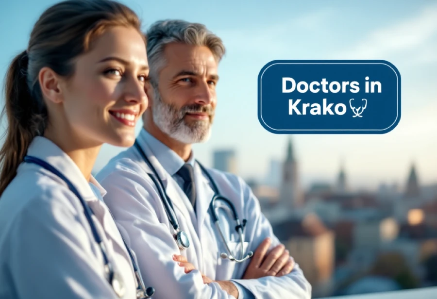Two Doctors In White Coats With The Krakow Skyline In The Background.