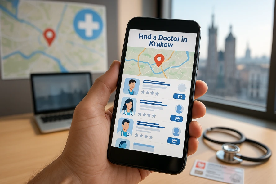 Doctors In Krakow: Hand Holding A Phone With A Doctor Booking App Showing A Krakow Map And Profiles; A Stethoscope And Laptop Sit On The Desk.