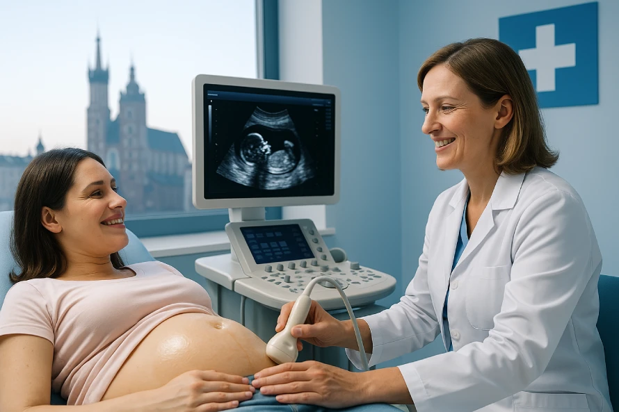 Doctor Performing A Pregnancy Ultrasound For A Smiling Patient In A Krakow Clinic With The City Skyline In The Window.