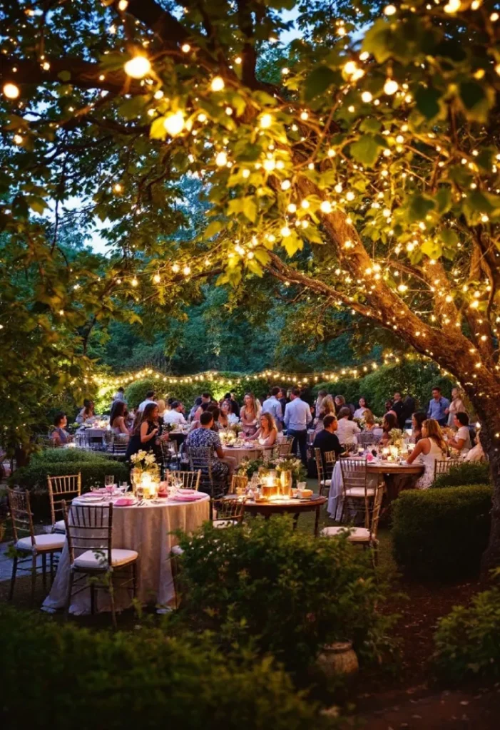 A lovely garden party at night, lit by warm fairy lights hanging from a big tree over several dining tables.