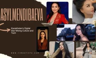 A Collage Of Portraits Of Asylmendibaeva, A Digital Star From Kazakhstan, With Text About Her Work In Culture And Technology.