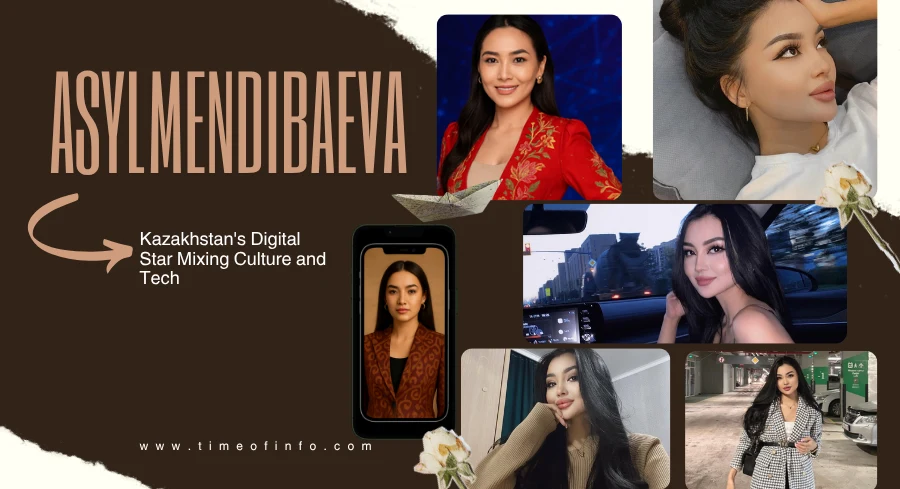 A Collage Of Portraits Of Asylmendibaeva, A Digital Star From Kazakhstan, With Text About Her Work In Culture And Technology.