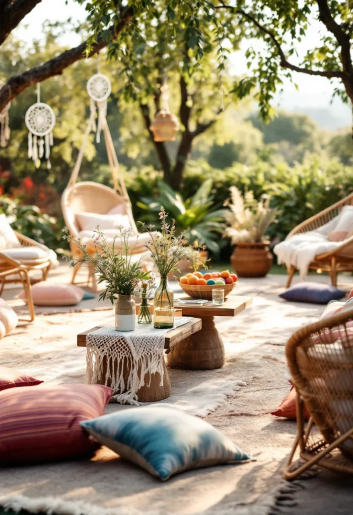 A relaxed bohemian garden party setup with floor cushions, rugs, low tables, wildflowers in bottles, and hanging dreamcatchers.