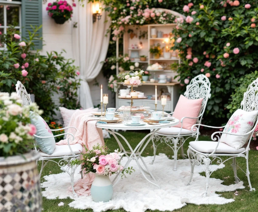 A beautifully styled vintage garden tea party with iron bistro furniture, pastel flowers, and tiered cake stands.