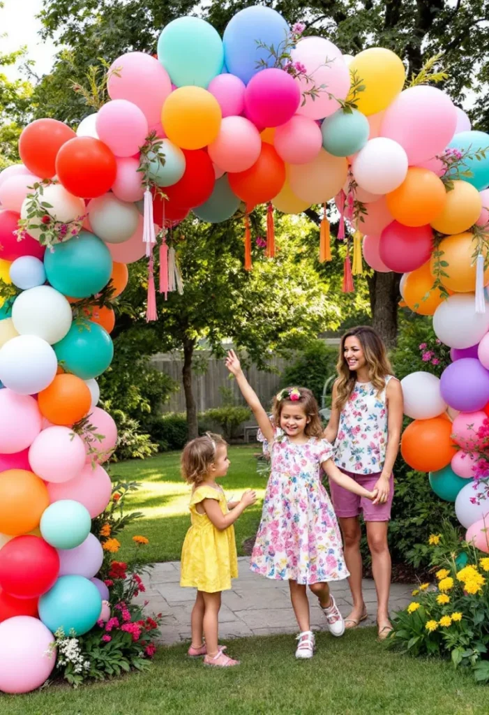 A bright, colorful balloon arch decorates the garden party entrance, with people standing beneath it.
