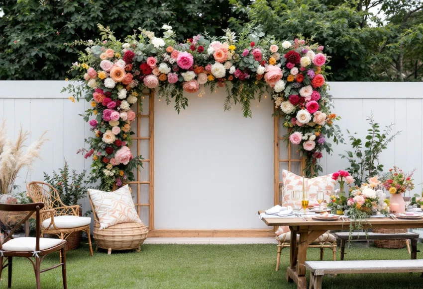 A beautiful DIY floral archway made with colorful roses and greenery, set up as a photo booth backdrop in a garden.