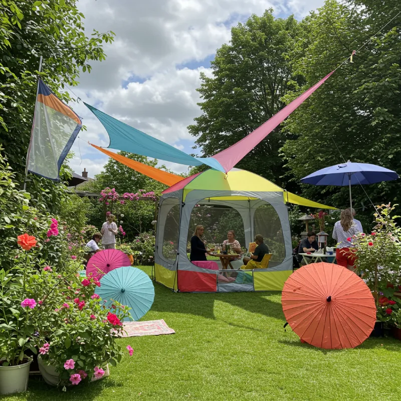 A vibrant garden party setup with a gazebo, colorful parasols, and shade sails, ready for any weather.