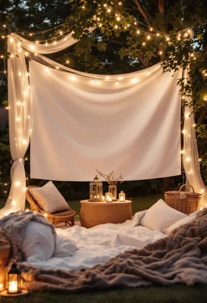 A cozy outdoor movie night setup with a projector screen, string lights, and blankets.