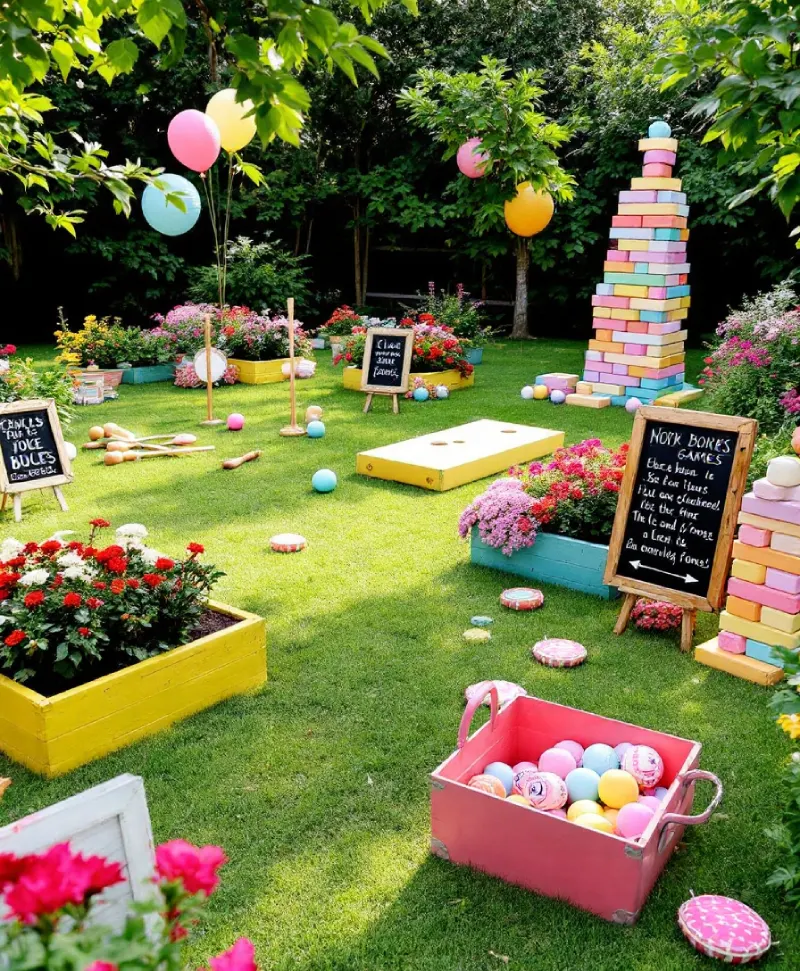 A backyard garden party with giant Jenga, cornhole, and other lawn games.