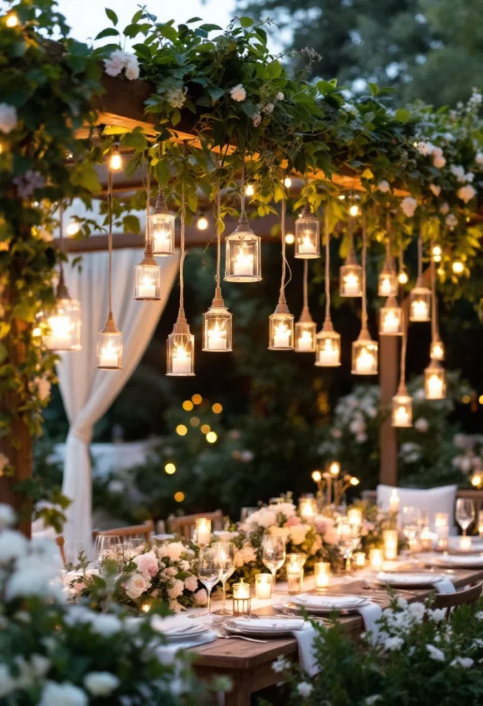 A beautifully set outdoor dining table with glowing candles hanging from above a floral pergola.
