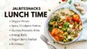 Jalbitesnacks Lunch Time Featuring Veggie Wraps, Spicy Chickpea Patties, Quinoa Avocado Bites, Energy Balls, And Yogurt Berry Parfait.