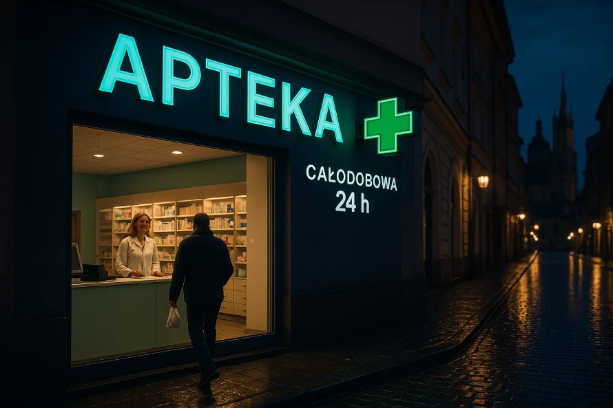 Polish 24-Hour Apteka Pharmacy, Staff Serving A Customer In Krakow.