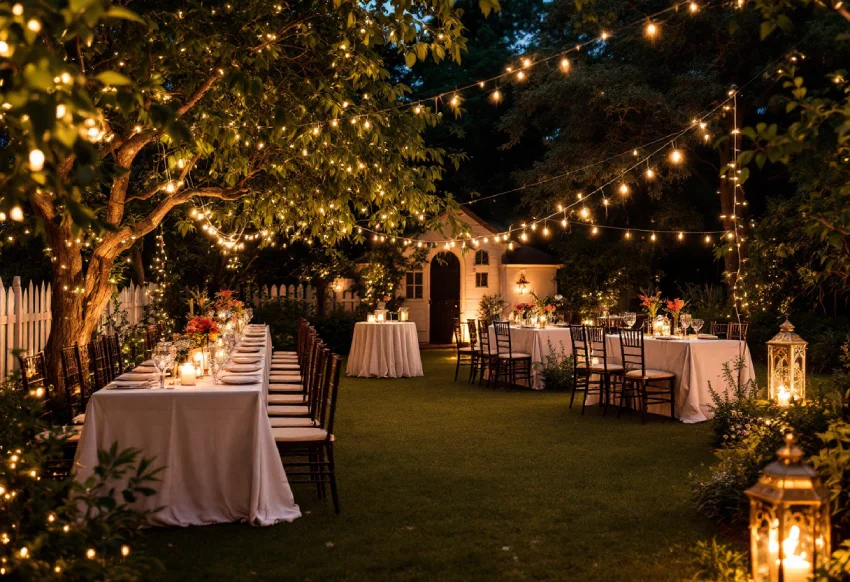 A beautifully lit garden at dusk with string lights, lanterns, and set tables for a party.