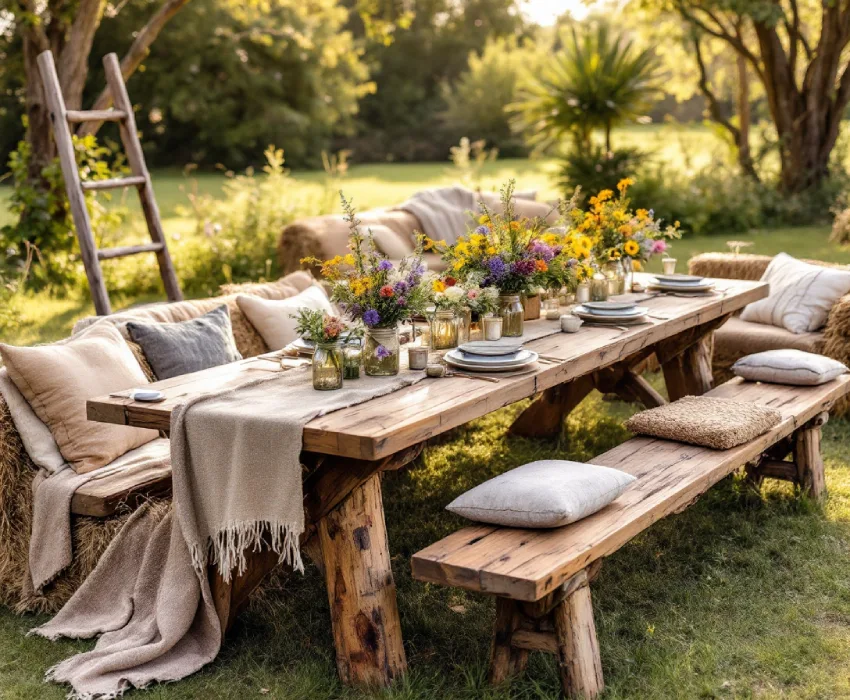 A charming rustic garden party setting with hay bale seating, a wooden table, wildflowers in jars, and burlap accents.