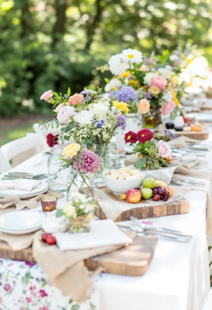 A beautifully decorated outdoor table with layered tablecloths, flowers in mason jars, and wooden serving boards.
