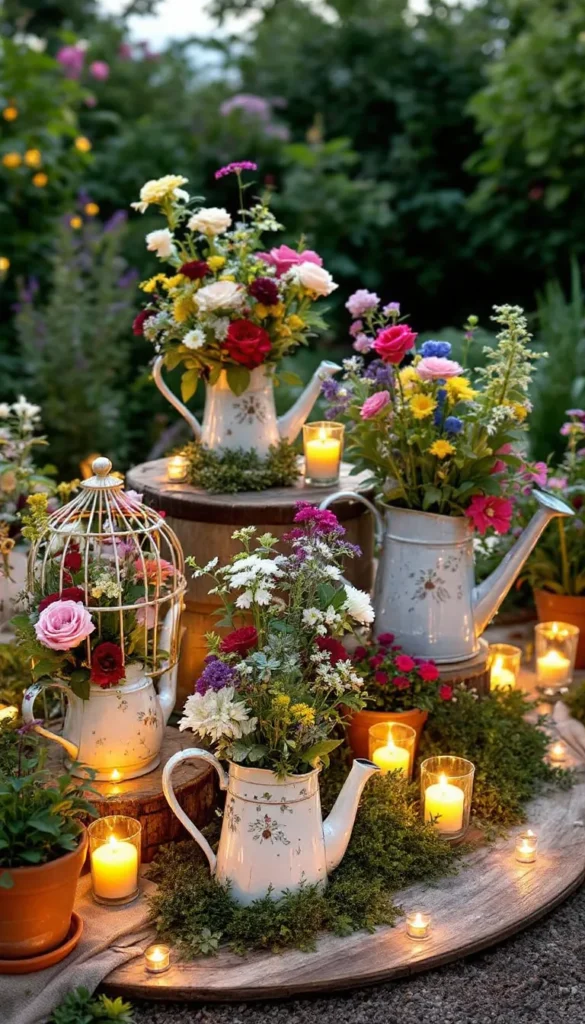 Whimsical garden party decor featuring flowers in teapots, watering cans, and a birdcage, surrounded by candles.