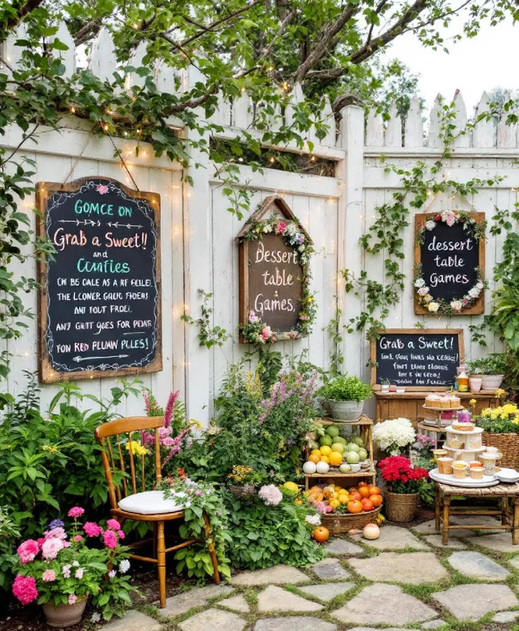 Cute chalkboard signs with hand-lettered messages direct guests to different areas of a garden party, like "Grab a Sweet!" and "Games."