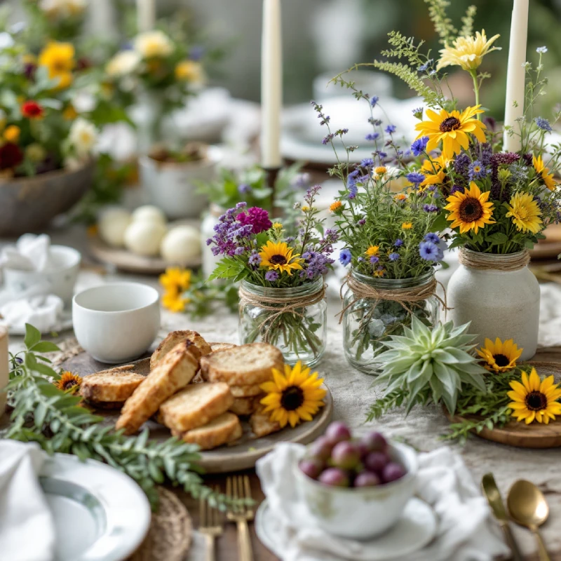 A rustic, natural tablescape decorated with wildflowers and sunflowers in small glass jars. Fresh bread and grapes are on the table.