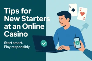 Beginner Checks Casino Tips On A Laptop And Phone With Playing Cards In The Background.