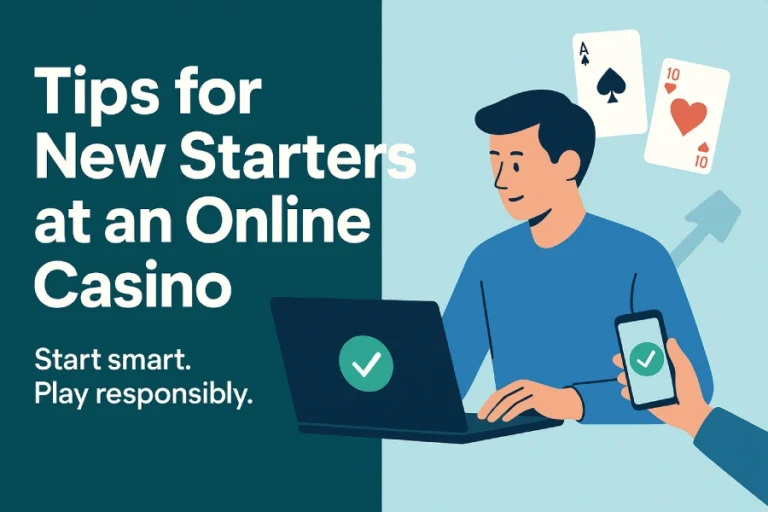 Beginner checks casino tips on a laptop and phone with playing cards in the background.