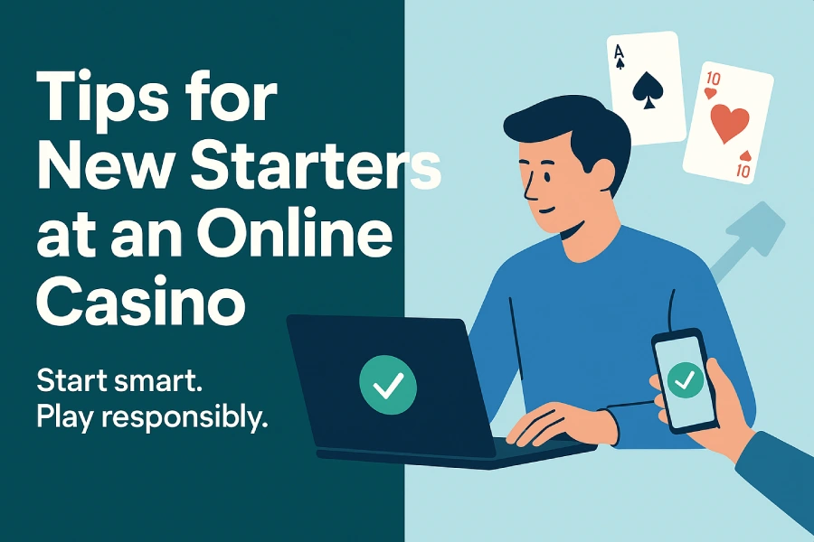 Beginner Checks Casino Tips On A Laptop And Phone With Playing Cards In The Background.