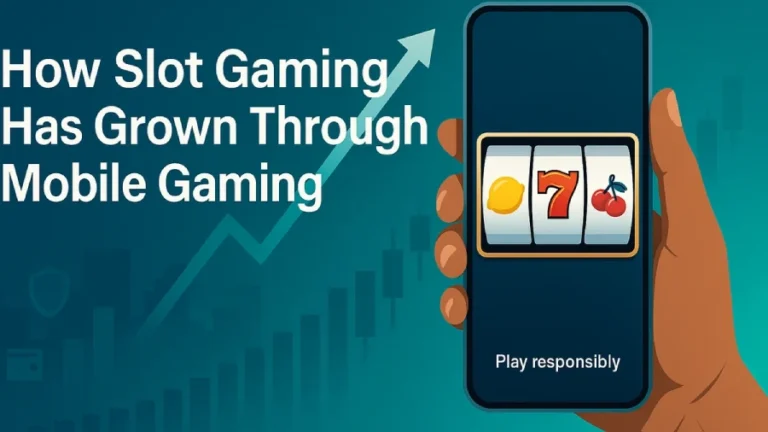 Phone with slot reels and a rising arrow that shows growth of mobile slot gaming.
