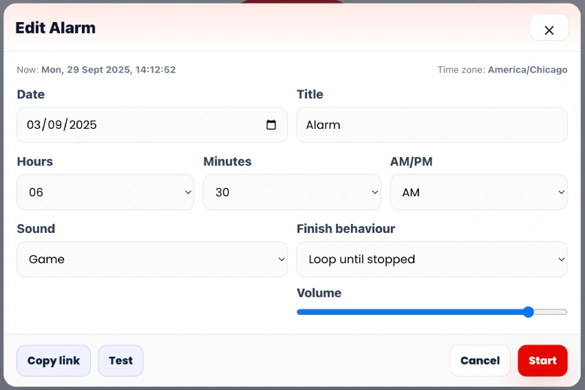 Browser alarm clock edit popup showing alarm settings and options.