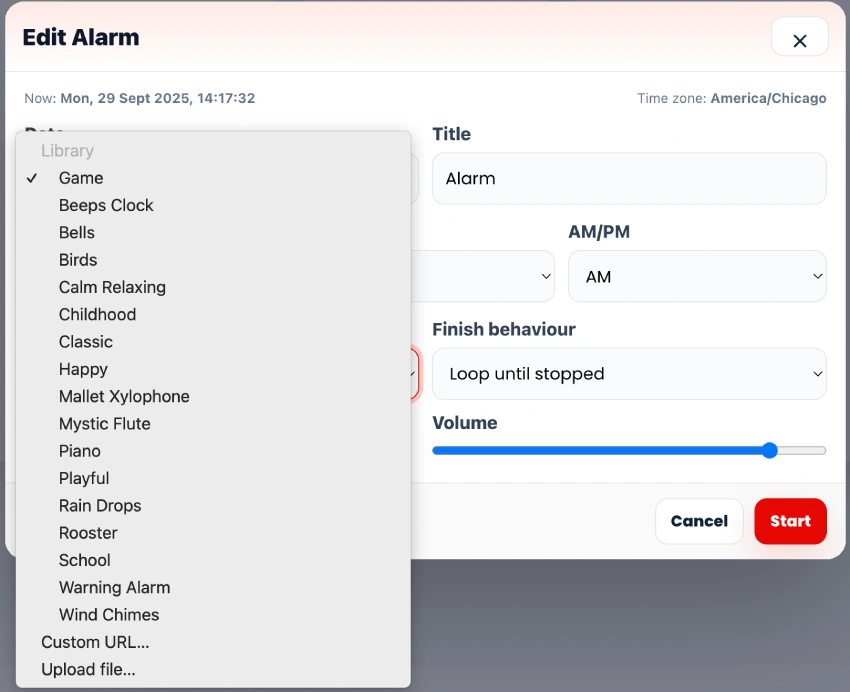 Browser alarm clock sound selection dropdown showing multiple alarm tones.