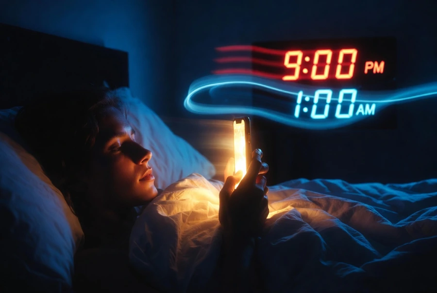 person scrolling phone at night with clock changing from 9 PM to 1 AM